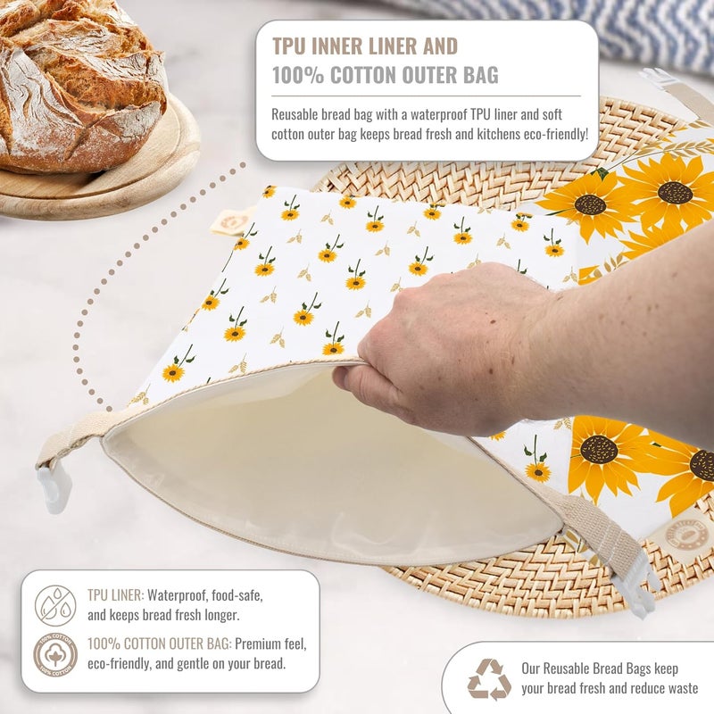 Cozy Bread ® Reusable Bread Bag Set for Home Bakers | USA Brand | Charming Designs (Sunflower) - Image 2